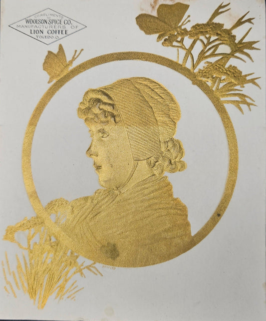 Woolson Spice Lion Coffee - Toledo Ohio - Gold Embossed Side Profile of Young Girl - Late1800s Coffee Trade or Advertising Card