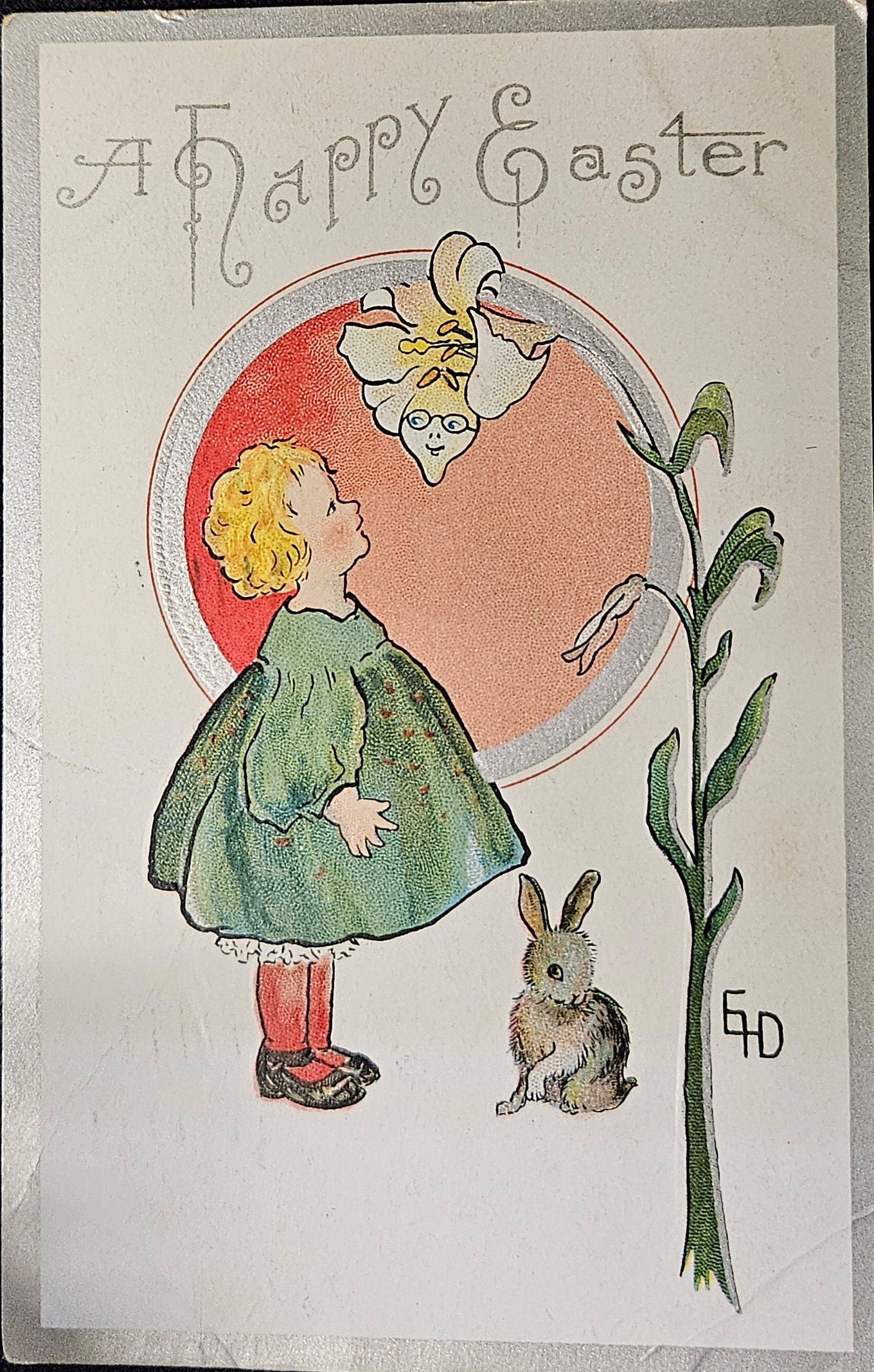 Ethel Dewees "Happy Easter" Postcard -SilverTrim Postcard Little Girl In Green Dress And White Flower - Art Nouveau Artist, Art Nouveau card