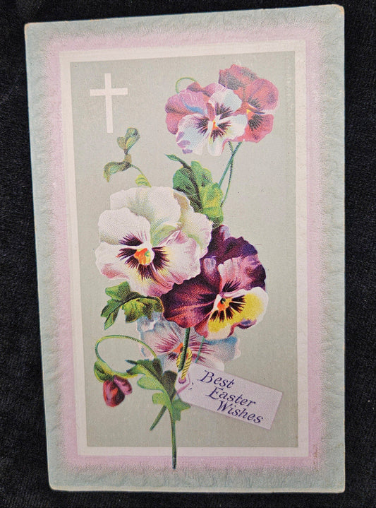 A Pansy Bouquet tied with "Best Easter Wishes" - 1910 Easter Postcard