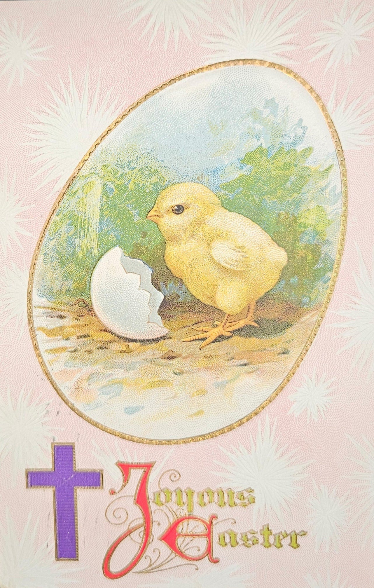 Joyous Easter With Chick and Eggshell - 1910 Religious Easter Postcard
