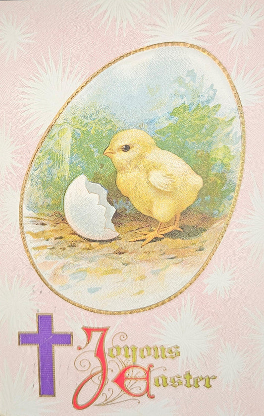 Joyous Easter With Chick and Eggshell - 1910 Religious Easter Postcard