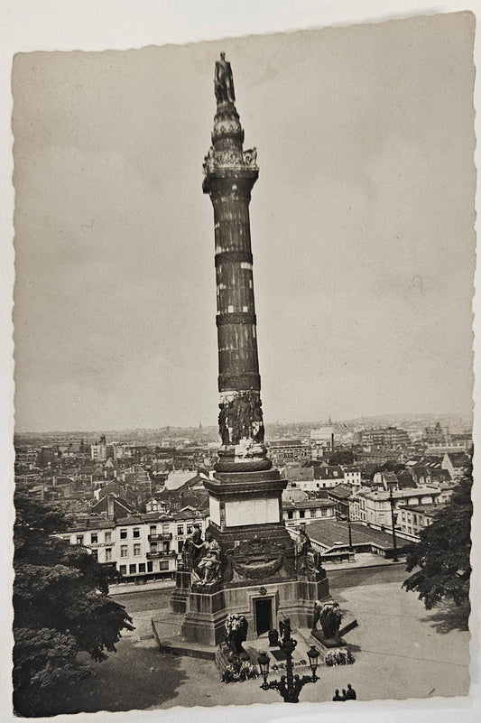 RPPC - January, 1945 - Brussels Belgium Congress Column - WWII Brussels - Ceremony with Flowers and soldiers at Base Of Congress Column - Real Photo Postcard