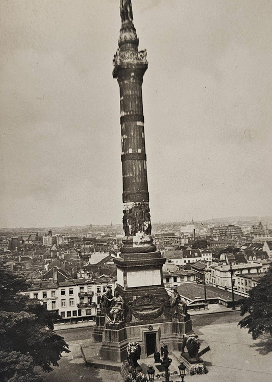 RPPC - January, 1945 - Brussels Belgium Congress Column - WWII Brussels - Ceremony with Flowers and soldiers at Base Of Congress Column - Real Photo Postcard