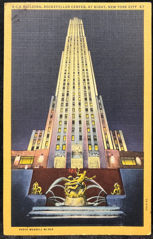 R. C. A. Building, Rockefeller Center, At Night, New York City, New York - Photo: Wendell McRae - Vintage Linen Postcard - Art Deco Styling