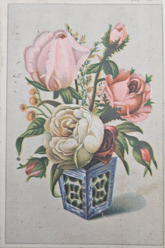 Botanical Illustration Pink And White Roses In Blue Vase - Lion Coffee Advertisement - Woolson Spice Co. Toledo Ohio