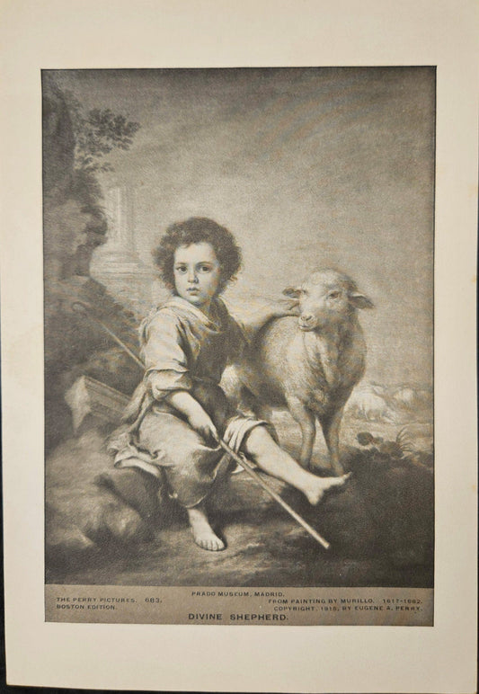 Print "Divine Shepherd" By Murillo(1617-1682) -Copyright 1915 Eugene A. Perry- Prado Museum Spain - Boy Shepherd with Sheep -8" x 5.5" Print