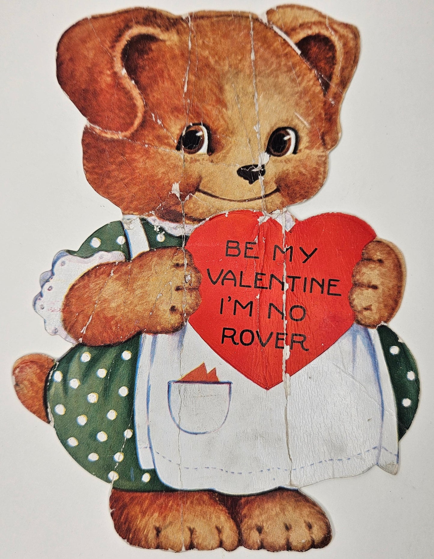 Valentines Day Card - Happy Dog In Green Dress and Apron "Be My Valentine I'm No Rover" Weird Verse comes from wrong sex -