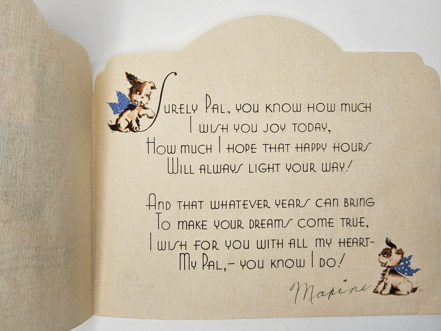 Art Deco Birthday Card - Birthday Wishes To My Pal - Two dogs in Bows - Sweet verse to a Pal inside