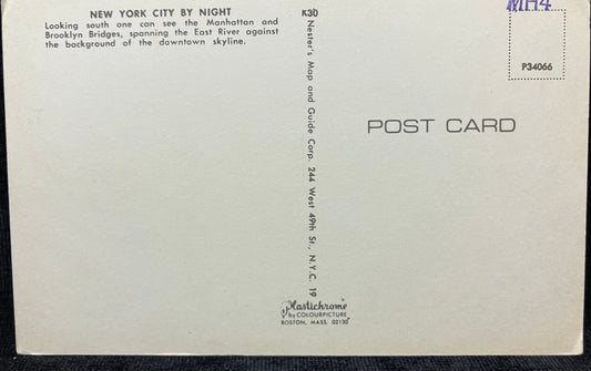 Front: New York City by Night Back: NEW YORK CITY BY NIGHT Looking south one can see the Manhattan a