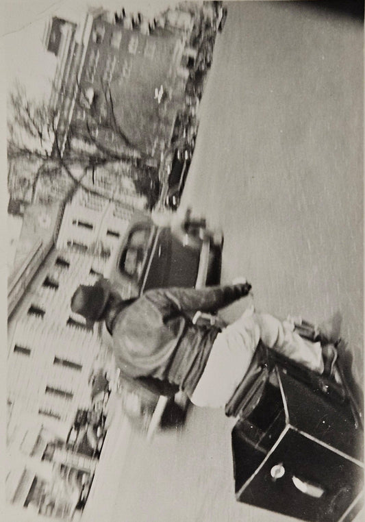 RPPC - Motion Photography - Man Traveling On Scooter/Motorcycle - On City Street With Trees and Cars - Big City Scene early 1940s