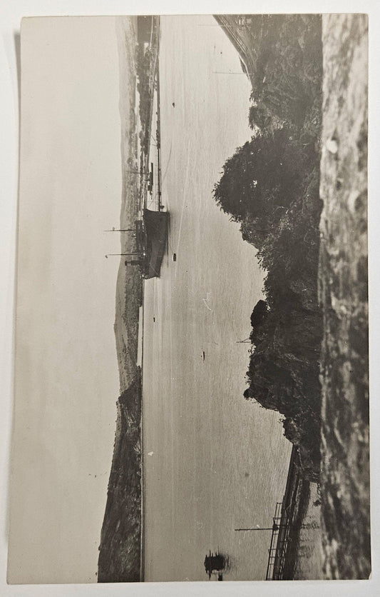 Photo Of Large Battle Ship Entering a Valley Harbor - 1930 to 1940
