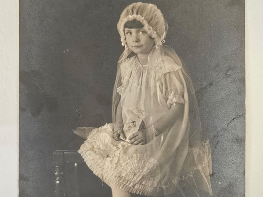 Formal First Communion Portrait of a Girl In Communion Dress And Veil - Girl Holding Rosary And Bible in Photo - First Communion Photo 1910