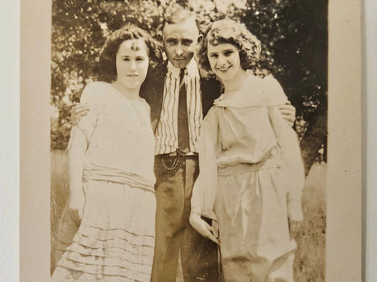 1915 Photo of 3 Well Dressed Siblings Smiling - Older Brother with younger Sisters Casual Photo outdoors - Sepia Tone Photograph