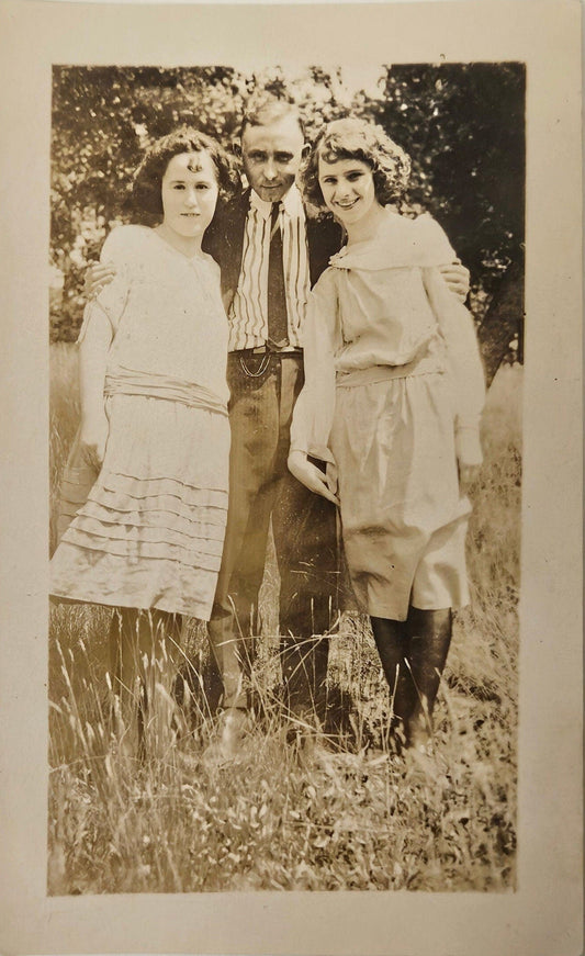 Photo of a Man and Two girls - Smiling, about 1905 - Siblings in Spring - Father and Daughters - Sepia Tone Photograph