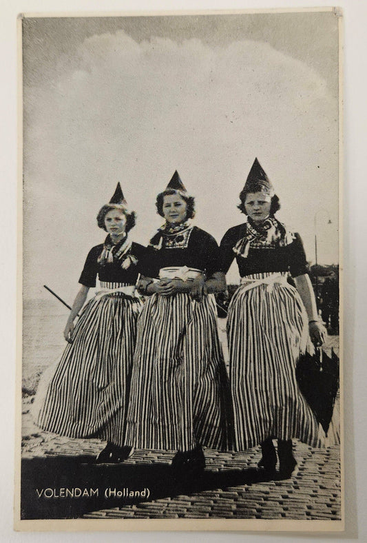 RPPC - 1960s Volendam Holland Postcard - Three Women In Cultural Folk Costume On Pier- Three Smiling Dutch women in Traditional Outfits