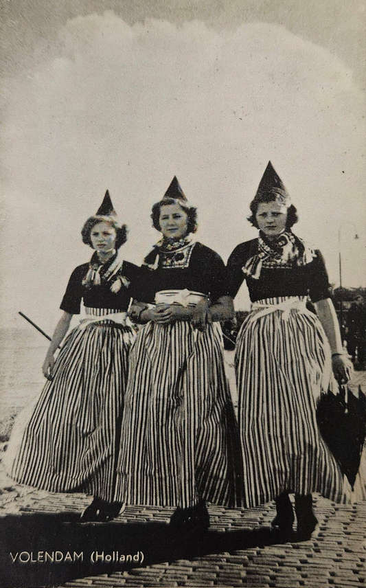 RPPC - 1960s Volendam Holland Postcard - Three Women In Cultural Folk Costume On Pier- Three Smiling Dutch women in Traditional Outfits