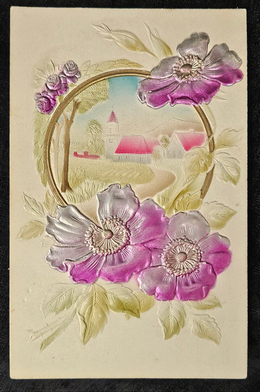 Floral Embossed Postcard colored in Metallic Purple and Silver with Cottage Scene - 1914 era Postcard