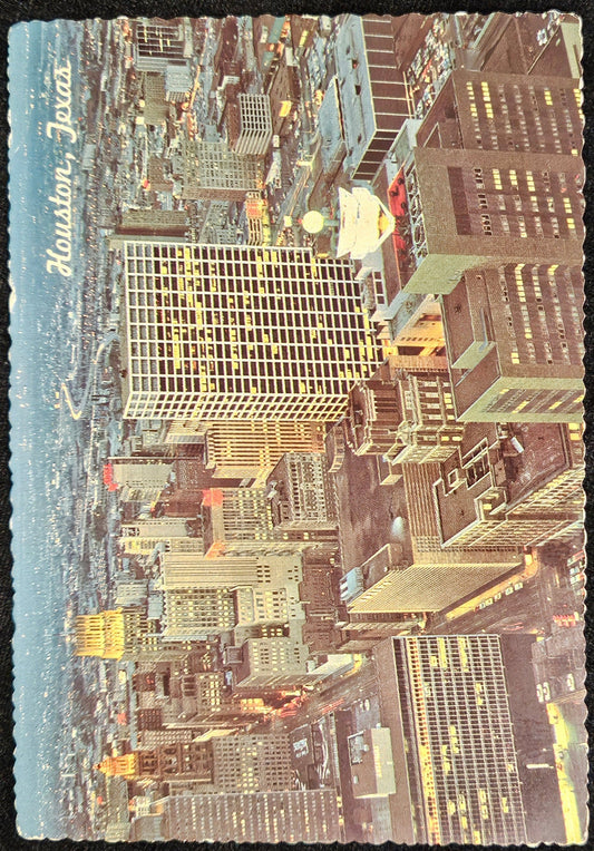 Houston Texas Skyline At Night -  1970s Aerial Color Photo Postcard