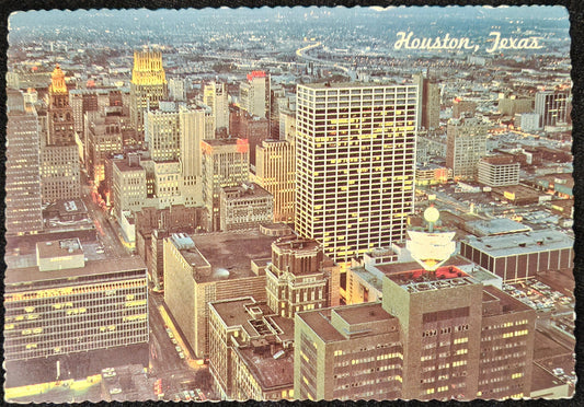 Houston Texas Skyline At Night -  1970s Aerial Color Photo Postcard