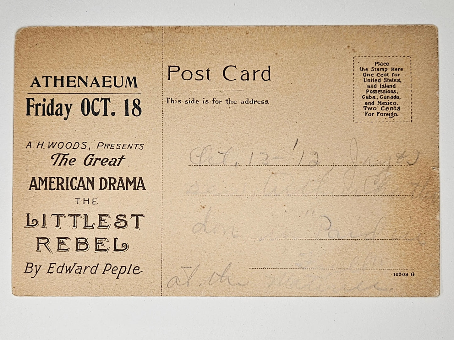 1912 Movie Advertising Postcard for Athenaeum Theater- "Scene From The Littlest Rebel" - A. H. Woods - Presented By Edward Peple