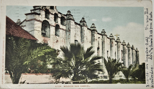 Mission San Gabriel Archangel Catholic Church, California - RARE Vintage Postcard - 1906 - Hand tinted Color on 1899 Photo