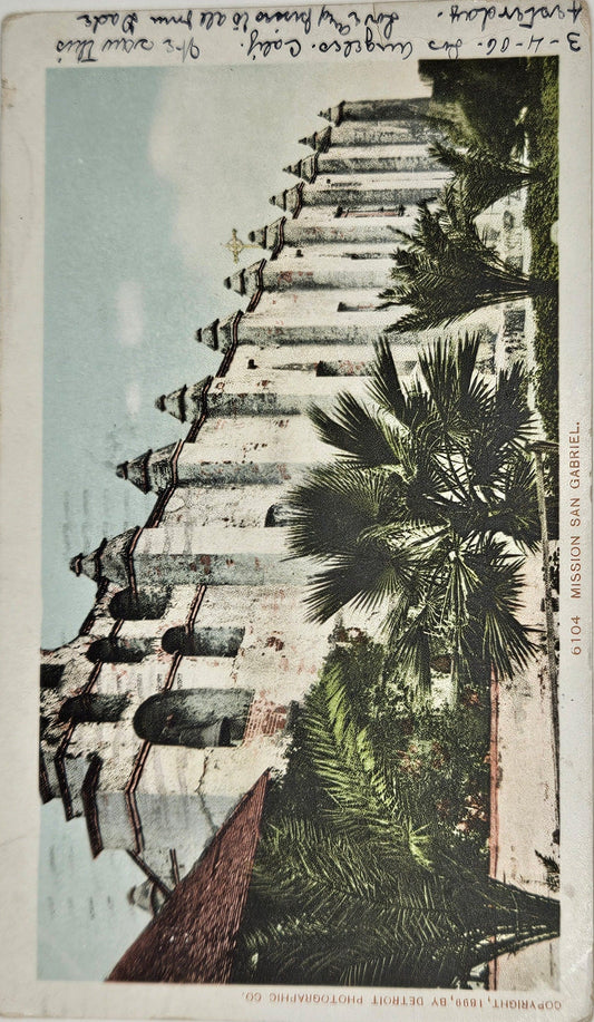 Mission San Gabriel Archangel Catholic Church, California - RARE Vintage Postcard - 1906 - Hand tinted Color on 1899 Photo