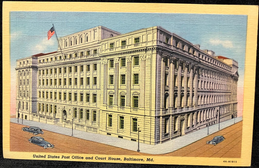 United States Post Office and Court House, Baltimore, Maryland - Vintage Post Office Postcard - Vintage 1930 Automobiles