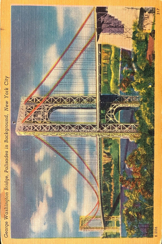 George Washington Bridge with Palisades in Background, New York City - Vintage 1940s Bridge Postcar