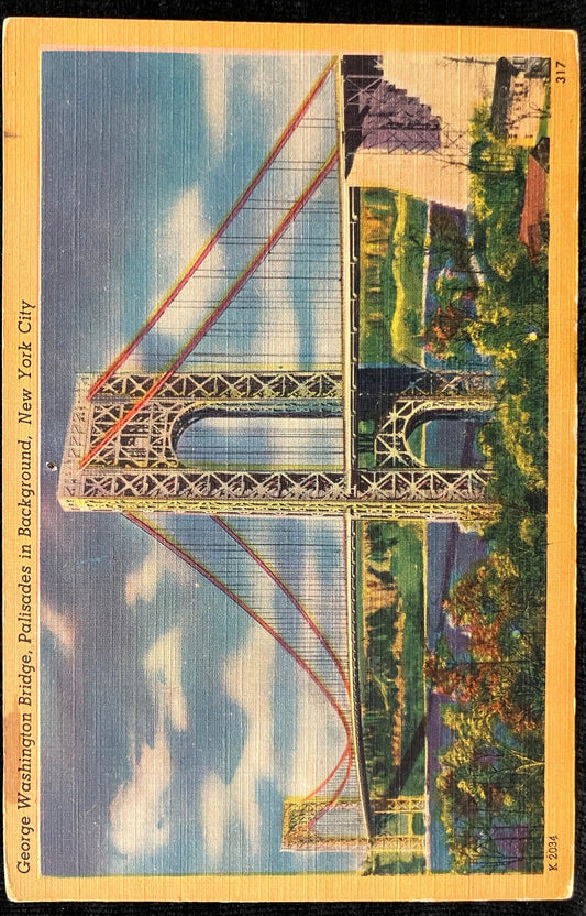 George Washington Bridge with Palisades in Background, New York City  - Vintage 1940s Bridge Postcard