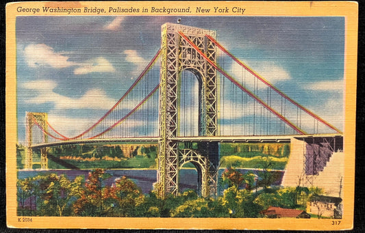 George Washington Bridge with Palisades in Background, New York City  - Vintage 1940s Bridge Postcard
