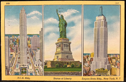 R. C. A. Bldg. - Statue of Liberty - Empire State Bldg., New York, New York - 1950 Advertising Postcard - LaPaulls, 327 S. Burdick, Kalamazoo