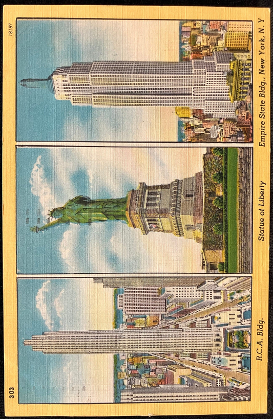 R. C. A. Bldg. - Statue of Liberty - Empire State Bldg., New York, New York - 1950 Advertising Postcard - LaPaulls, 327 S. Burdick, Kalamazoo