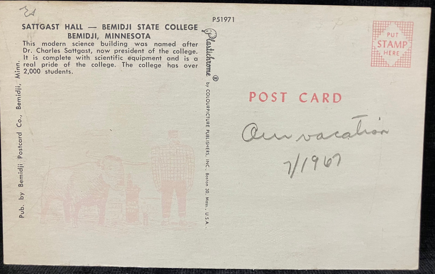 Sattgast Hall - Bemidji State College - Bemidji, Minnesota - Vintage College Postcard