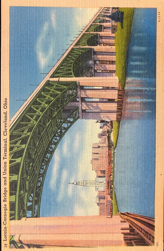 Lorain-Carnegie Bridge and Union Terminal, Cleveland, Ohio - Vintage Linen Bridge Postcard