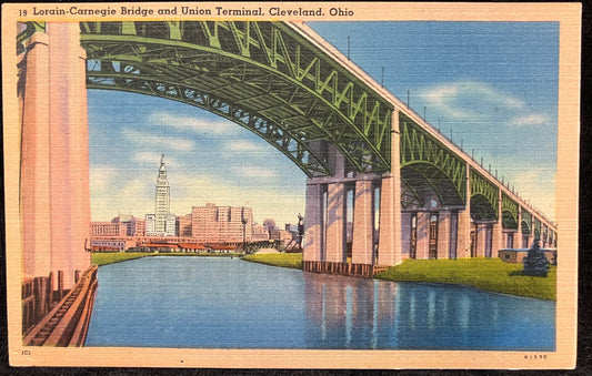 Lorain-Carnegie Bridge and Union Terminal, Cleveland, Ohio - Vintage Linen Bridge Postcard