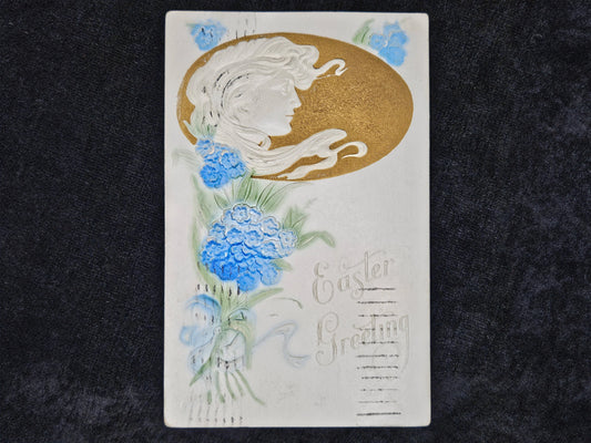 1910s Art Nouveau "Easter Greetings" Hydrangea Floral Flowing Hair Portrait 3D Embossed Metallic Gold Postcard