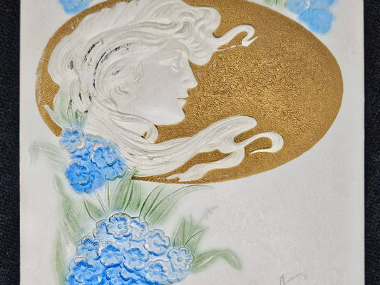 1910s Art Nouveau "Easter Greetings" Hydrangea Floral Flowing Hair Portrait 3D Embossed Metallic Gold Postcard