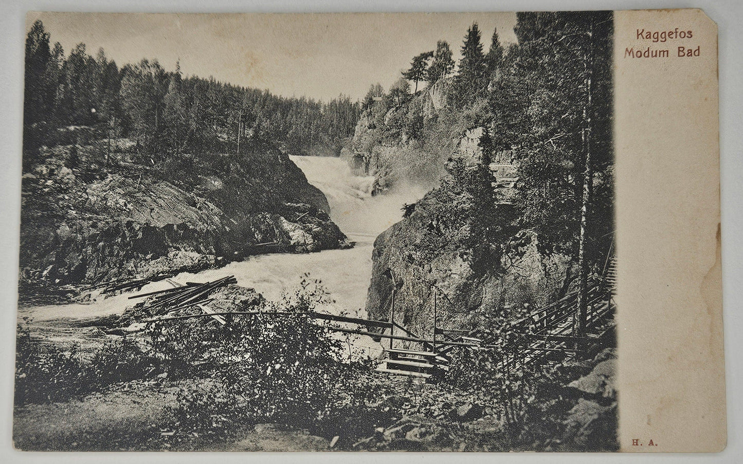 1906 Modum Bad Norway Kaggefos Vikersund- Waterfall Forest Landscape - Offset Printed Black and White Photo