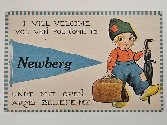 Newberg "I Vill Velcome You Ven You Come To" - Dutch Boy with googly-eyes Drawing - 1913  Postcard with SB logo in Circle