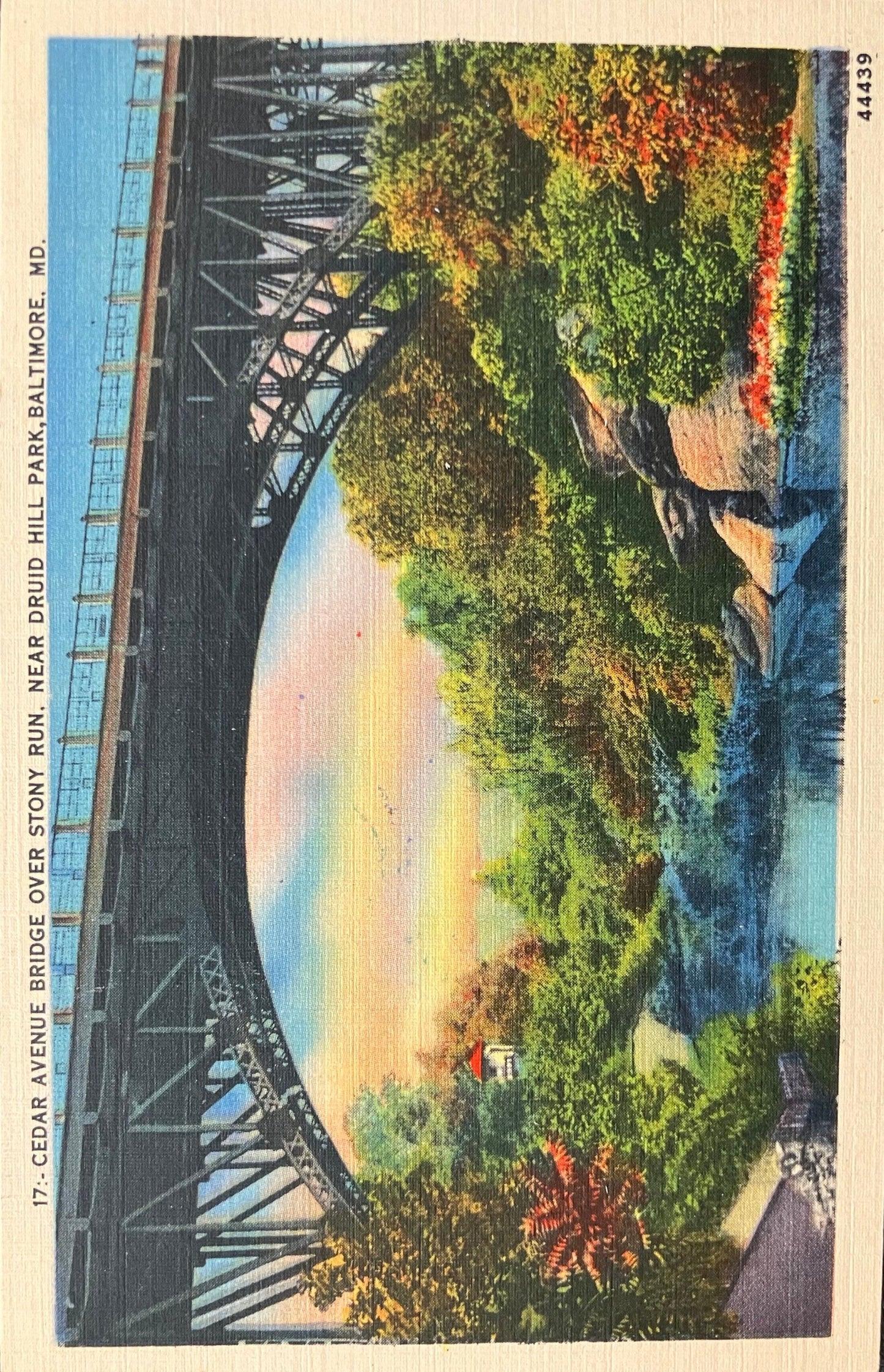 Cedar Avenue Bridge over Stony Run, Near Druid Hill Park, Baltimore, Maryland - Vintage 1920s Bridge Postcard - Pastoral Scene