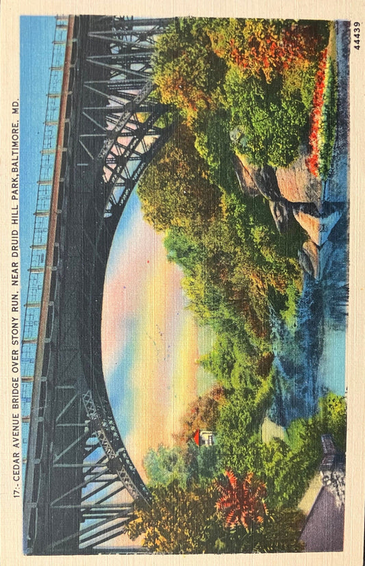 Cedar Avenue Bridge over Stony Run, Near Druid Hill Park, Baltimore, Maryland - Vintage 1920s Bridge Postcard - Pastoral Scene
