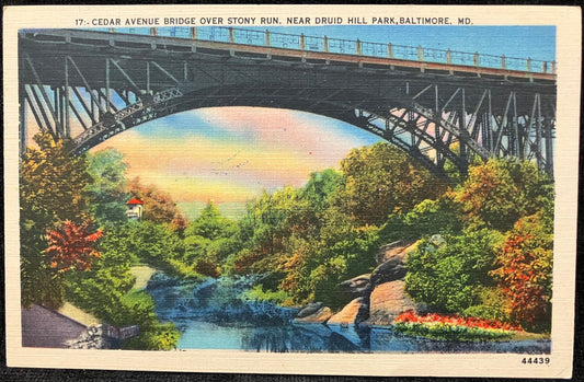 Cedar Avenue Bridge over Stony Run, Near Druid Hill Park, Baltimore, Maryland - Vintage 1920s Bridge Postcard - Pastoral Scene