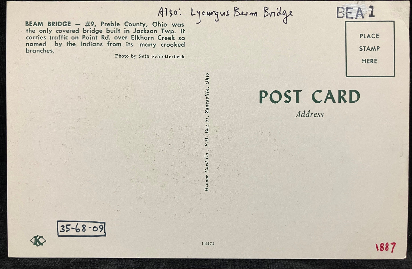 Beam Bridge - Treble County, Ohio - Photo: by Seth Schlotterbeck - Vintage Covered Bridge Postcard