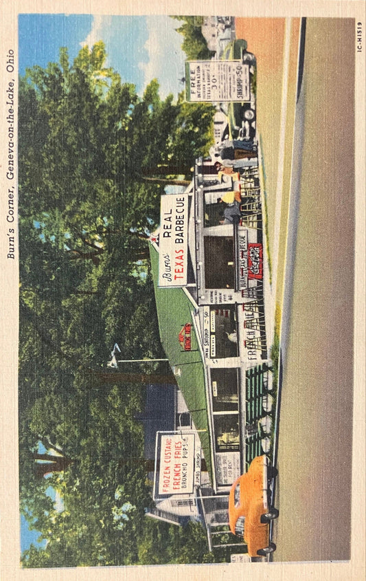 Burn's Corner, Geneva-on-the-lake, Ohio - Vintage Postcard - 1940 Drive in - Texas Barbecue in Ohio - Frozen Custard - 1940s automobiles