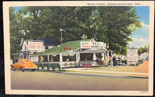 Burn's Corner, Geneva-on-the-lake, Ohio - Vintage Postcard - 1940 Drive in - Texas Barbecue in Ohio - Frozen Custard - 1940s automobiles