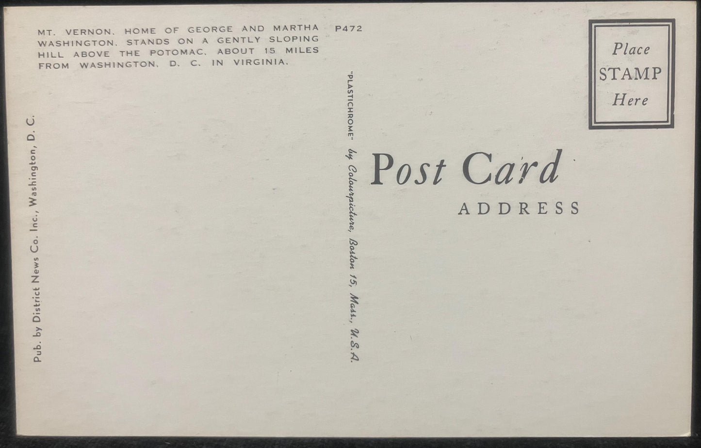 Mt. Vernon, Home of George and Martha Washington - Virginia - Vintage U. S. President Postcard
