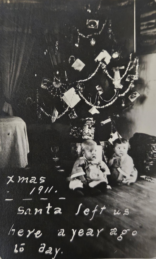 RPPC - 1911 Christmas Tree with Babies - "Xmas 1911 Santa left us here a year ago today" - The Twins First Birthday under Fancy Decorated Tree