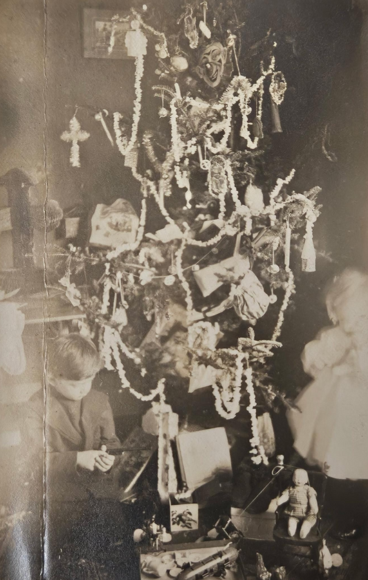 RPPC - Early 1900s Christmas Tree - Decorated With Tinsel and Popcorn Garlands, Masks, Toys and More - Children Opening Gifts under Tree