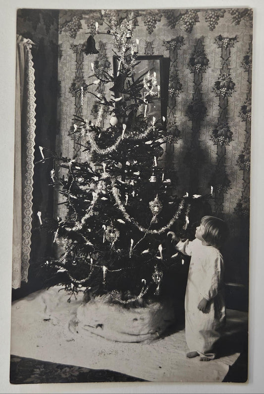 RPPC - Small Child by Christmas Tree - Tree with Garlands, Ornaments and Real Burning Candles -  Christmas Photo Card from Early 1900 - Real Photo Postcard