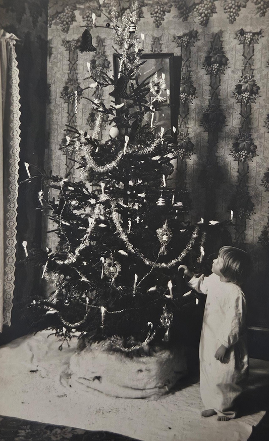 RPPC - Small Child by Christmas Tree - Tree with Garlands, Ornaments and Real Burning Candles -  Christmas Photo Card from Early 1900 - Real Photo Postcard